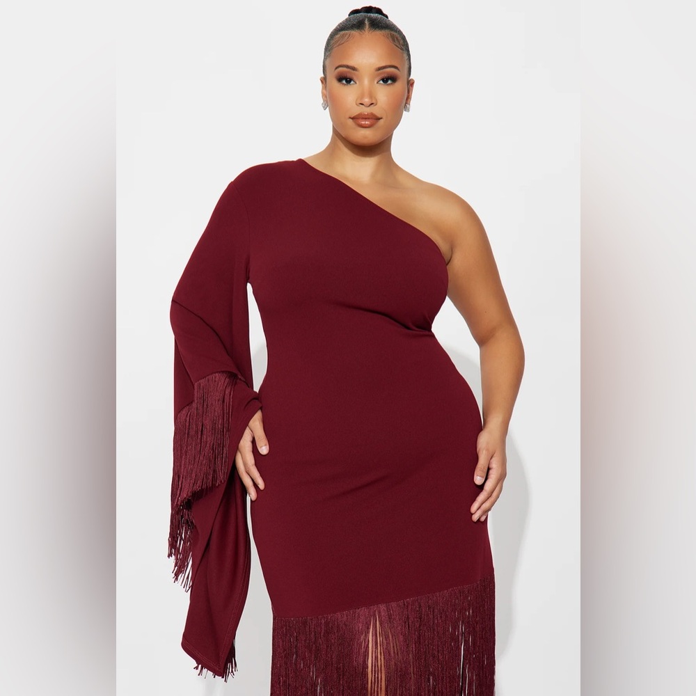 Fashion Nova Burgundy One-Shoulder Fringe Dress - Picture 2 of 3